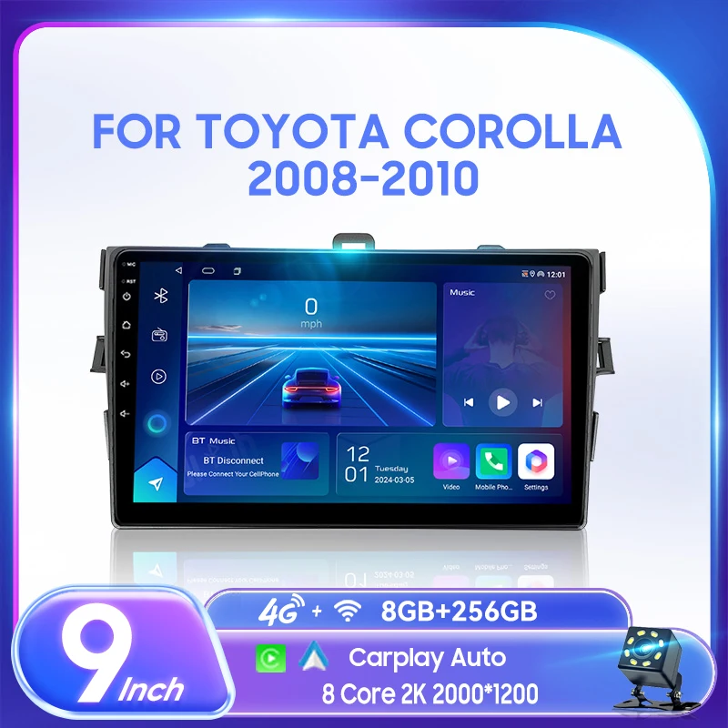 9 inch Car Radio Navigation For TOYOTA COROLLA 2008-2011 Multimedia Android System Wireless CarPlay 4G+WIFI GPS DVD Radio Player