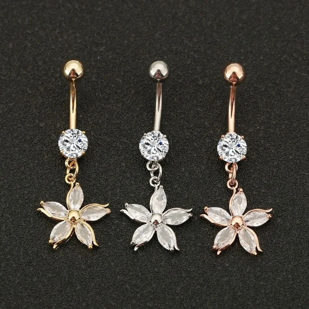 Alloy Rhinestone Piercing Belly Dangled Design Shiny Apricot Blossom Navel Jewelry Detachable Dual Color