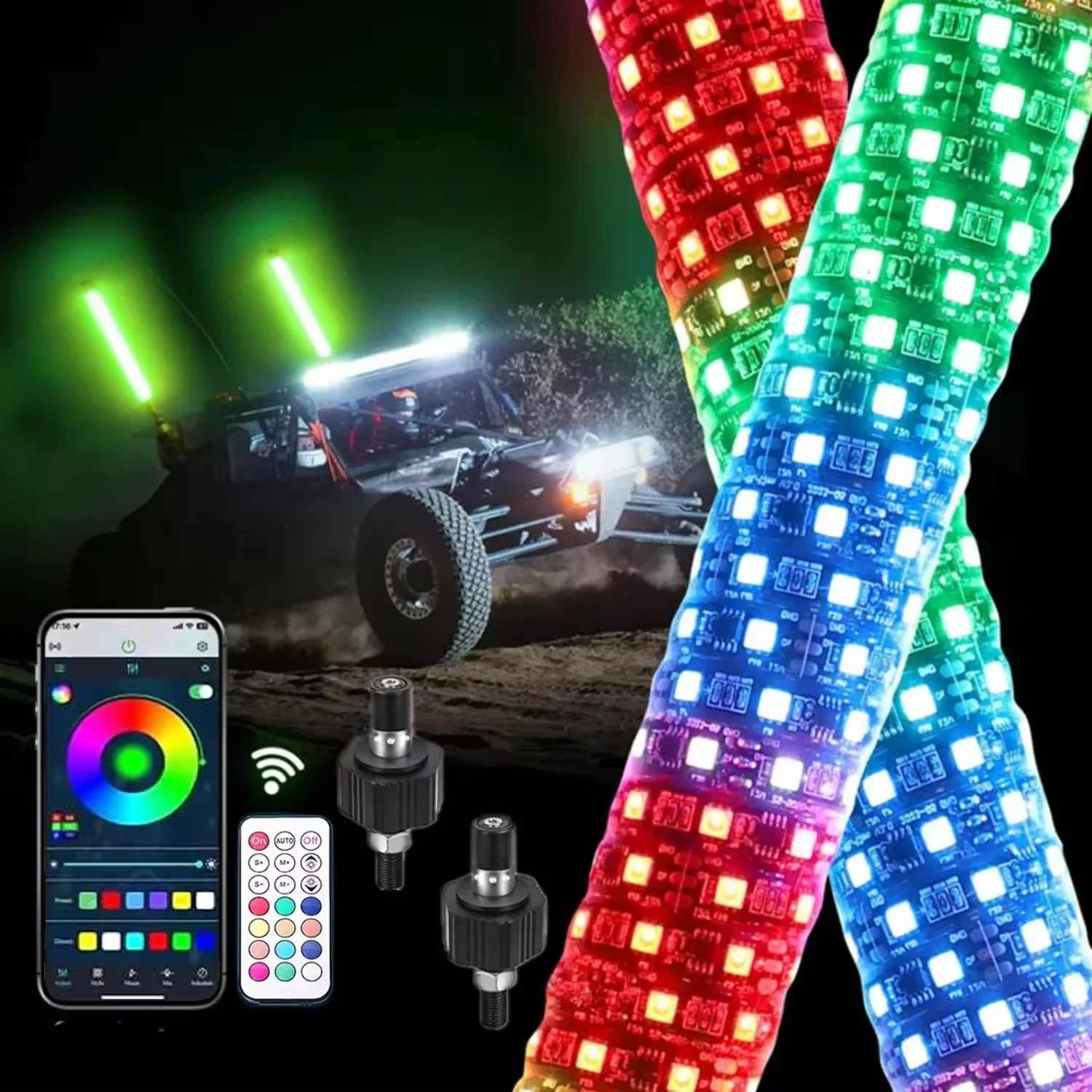 1.75inch 3ft Led Flagpole Light APP Remote control Hyper Fat Led Whip Light With turn signal and brake light