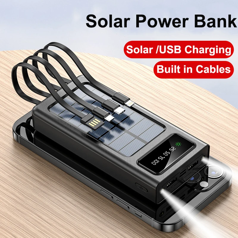

30000mAh Solar Power Bank Built in Cable Portable Charger External Battery LED Light Power Bank for Xiaomi iPhone Samsung Huawei