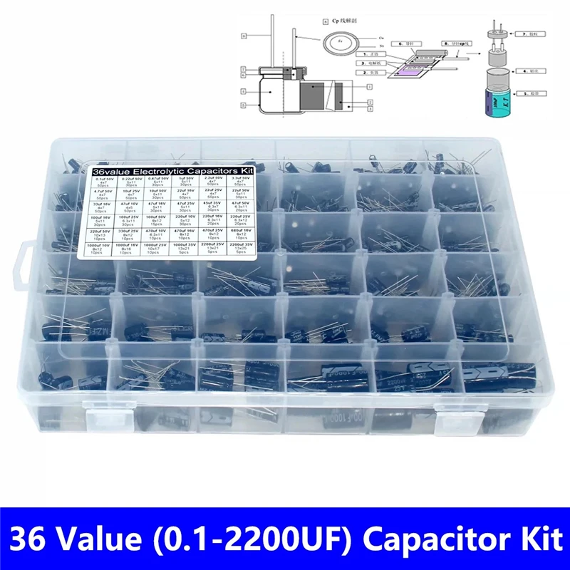 Complete collection of 36 capacitance values ​​(0.1uf-2200uf) 1000uf 25V/35V plug-in aluminum electrolytic capacitor set