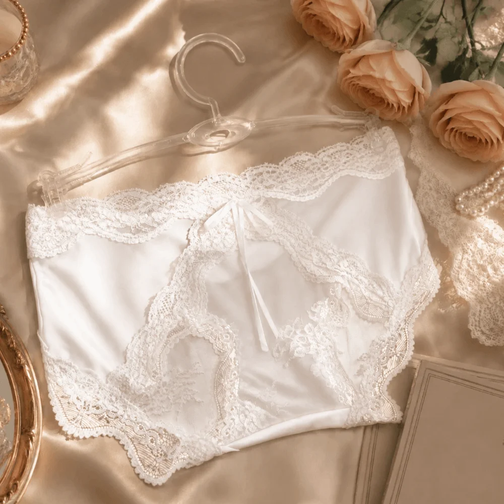 Delicate Mid Waist Lace Satin Panties Mesh Sweet Transparent Briefs Patchwork Invisible Underwear for Women Women