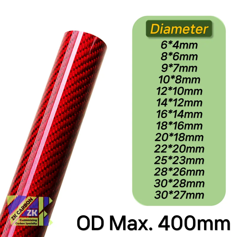 2pcs/lot 500mm Red Colored Carbon Fiber Tube OD 5-30mm For RC Airplane Parts Glossy Twill Carbon Tube 3K Material