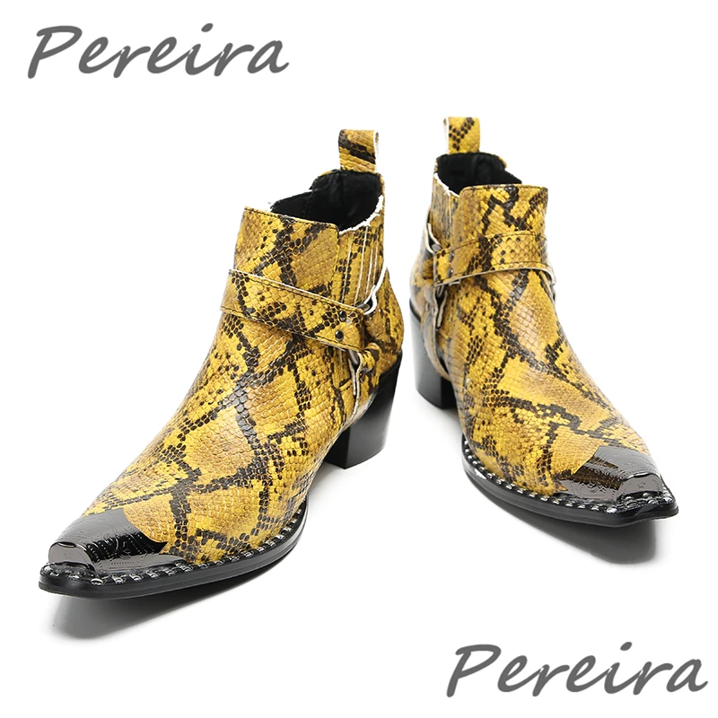 Snake Patterned Men's Chelsea Boots Red Yellow Mixed Colors Metal Toe Short Boots Fashion Cow Leather Party Banquet Formal Shoes