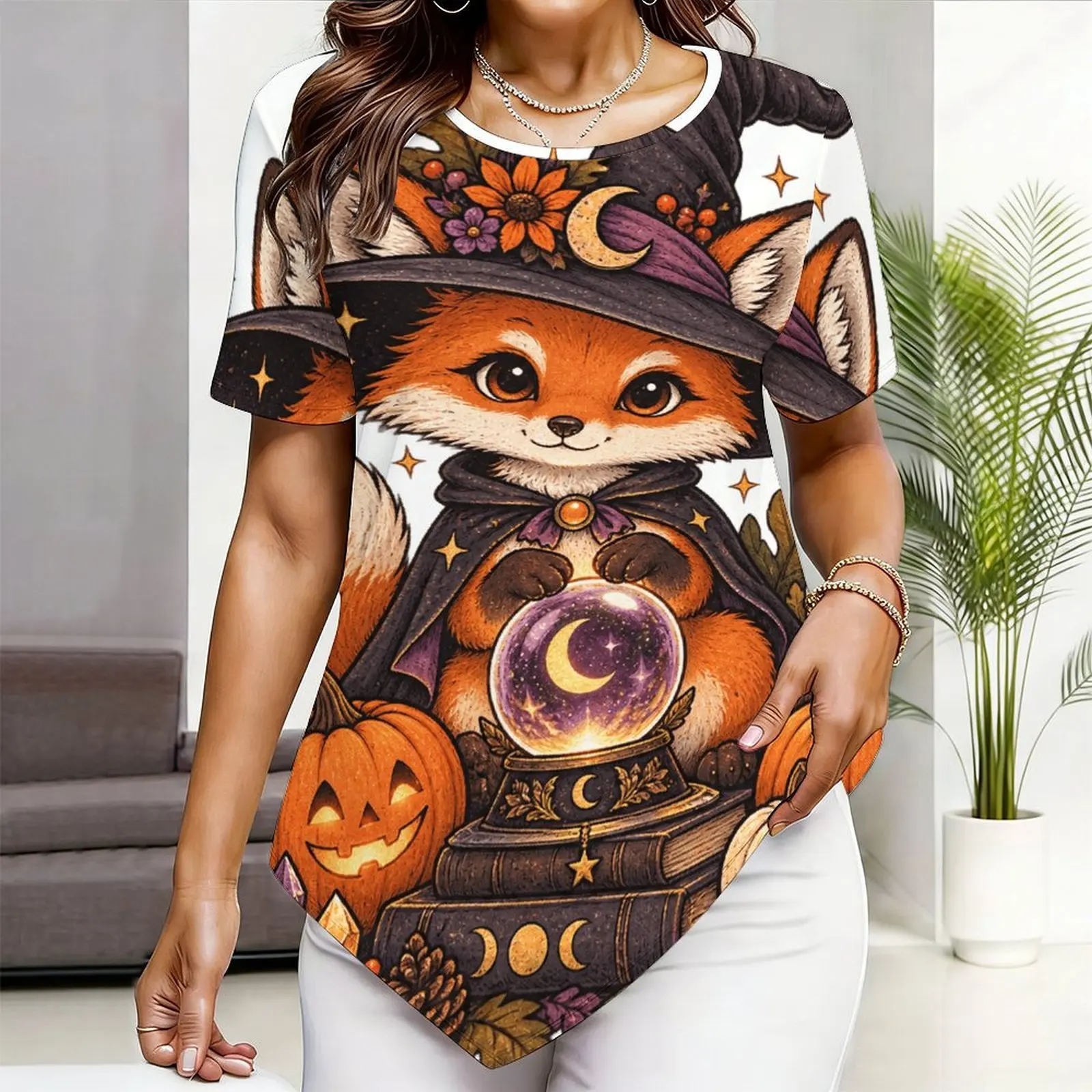 Women Top with Print Round Neck Short Sleeve Pointed Hem