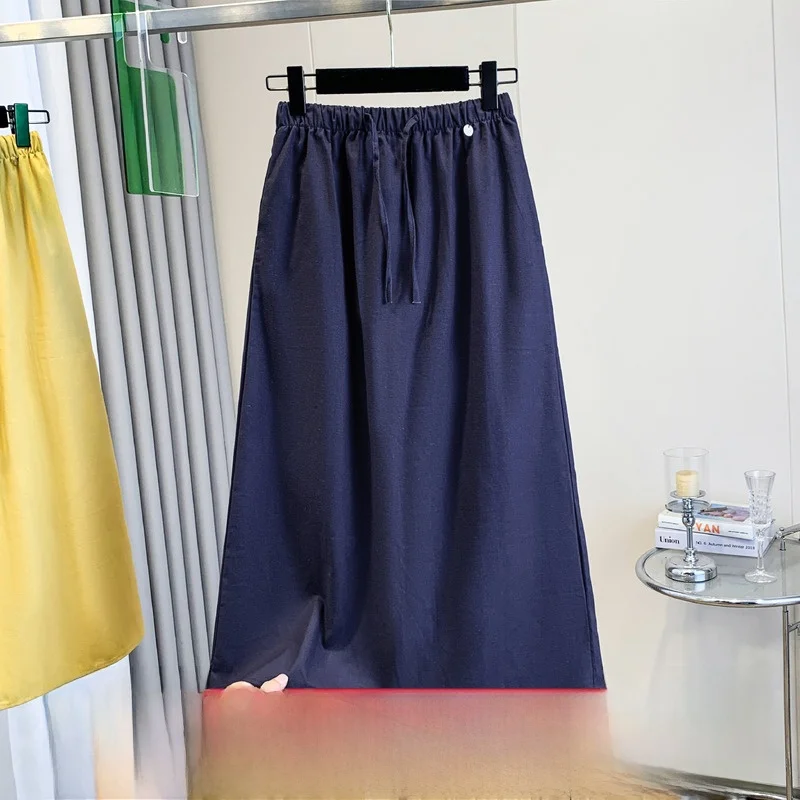 

Loose Fit Linen Summer Skirt Alluring Drape Color Simple Elastic Waist Corded Half Body Skirts for plus Size Women