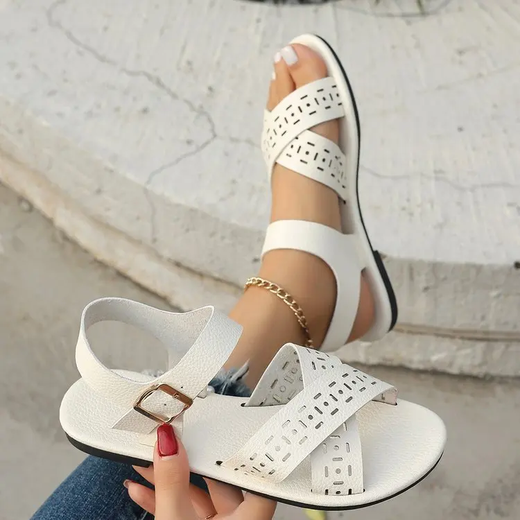 Large Size 2025 Summer Beach Sandal Woman Luxury Shoes Open Toe Suit Female Beige Strappy Heels Big Girls Comfort Low Peep Fash