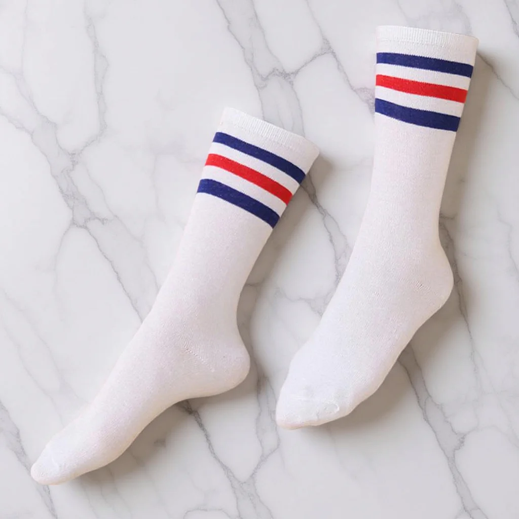 

Pair of Long Socks Knee High Stockings White Size S Breathable Cotton 3 Blue Red Bars Comfortable Sports Socks