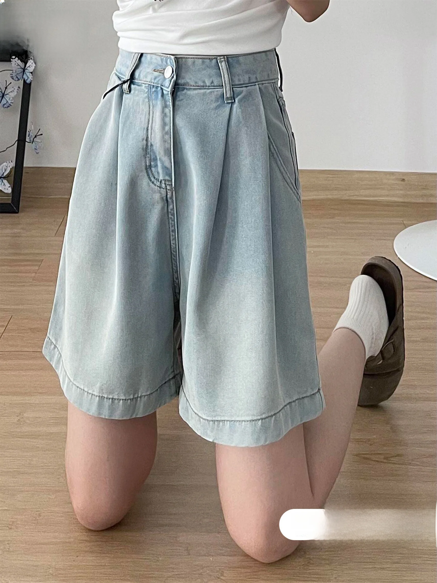 

Светло-серые тонкие шелковые джинсовые шорты с высокой талией для женщин, свободные, прикрывающие бедра, из ледяного шелка, широкие брюки-капри, повседневные, в американском стиле