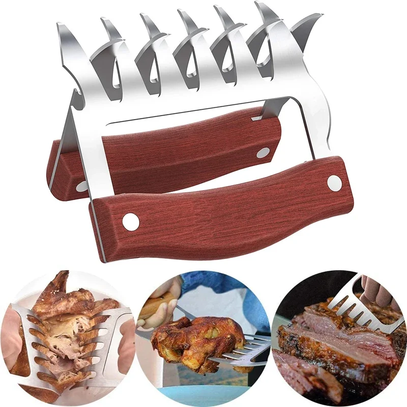 

2PCS Bear Claws Stainless Steel BBQ Meat Shredder Claws with Wooden Handle Bottle Opener Turkey Chicken Claws