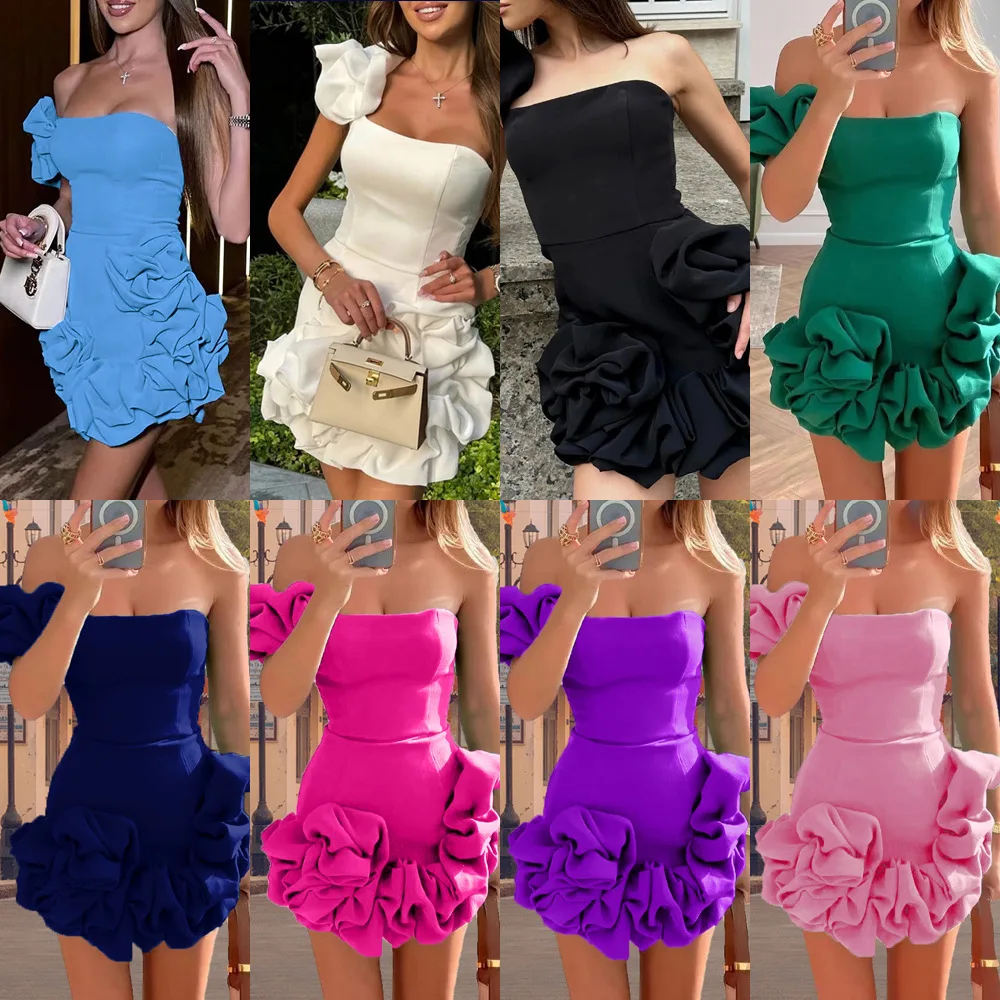 

Women Mini Dress Sexy Strapless Sleeveless Ruffles Dresses High Waist Elegant Ruffle Hem Flower Bud Waist Cinching Short Skirts