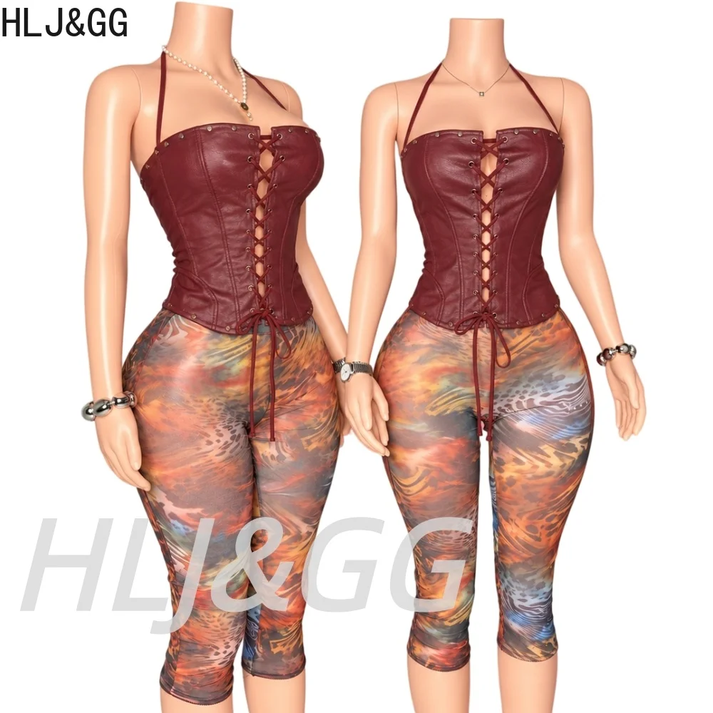 HLJ&GG Retro Print Mesh Capri Pants Two Piece Sets Women Halter Leather Bandage Top+See Though Pants Outfits Fashion Streetwear