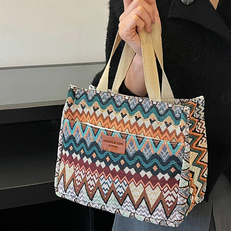 Bohemian Ethno-Stil Geometrischer Druck Canvas-Tragetasche, Bunte Zickzack-Muster Handtasche für Damen, Große Kapazität Pendler-Schultertasche – Detail 13