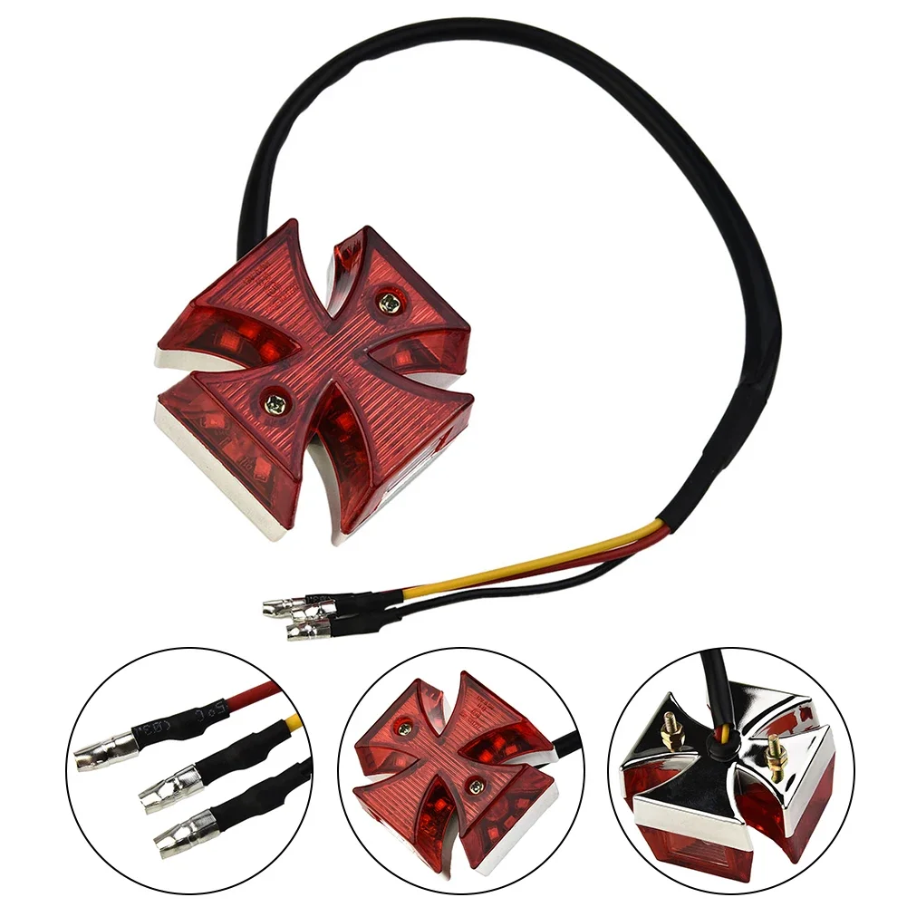 Motorcycle Tail Lights Choppers Maltese Cross LED Rear License Plate Lamps Red Motorbike Signal Light Decor Accessories