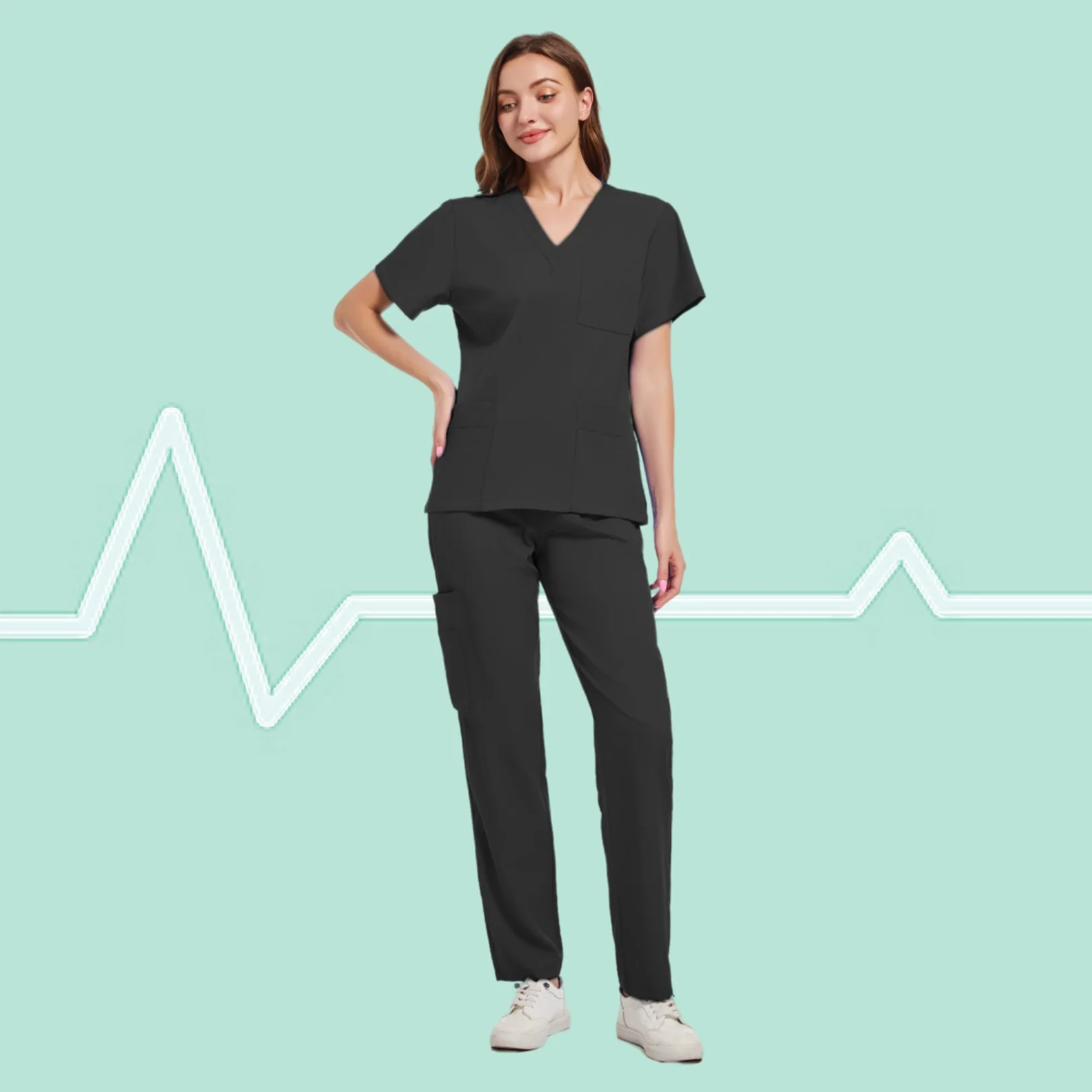 Kualitas tinggi Uniforme seragam perawat medis Scrub Set wanita dan pria Modern V-Neck Top dan celana pakaian kerja rumah sakit dokter setelan