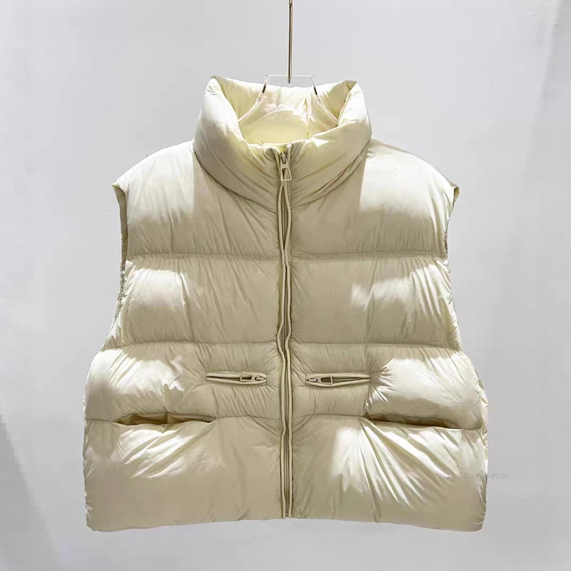 

Осень-зима, пуховый жилет с воротником-стойкой, женский теплый повседневный жилет на белом утином пуху, женский стеганый жилет на молнии с несколькими карманами
