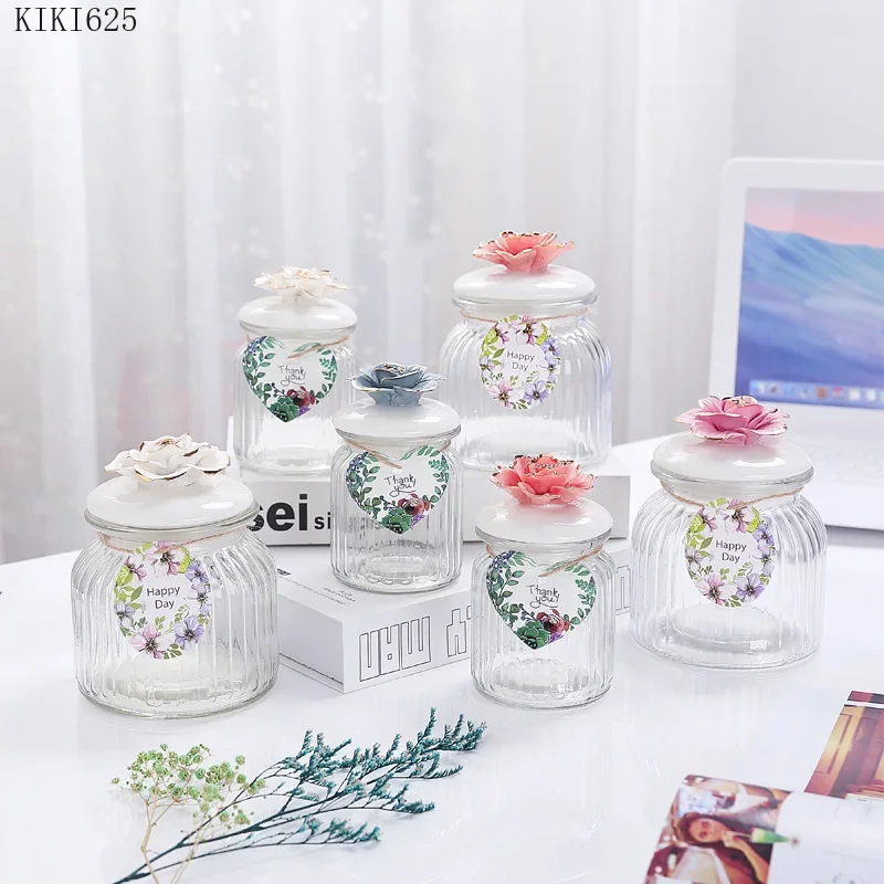 Nordic Gold-painted Flower Glass Sealed Jar Holiday Party Gift Box Small Objects Jewelry Storage Box Countertop Home Decoration