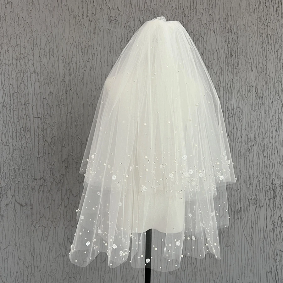 Nouveauté deux couches mariée voiles de Mariage perles fleur ivoire court voile de mariée Boda velo de novia Matrimonio