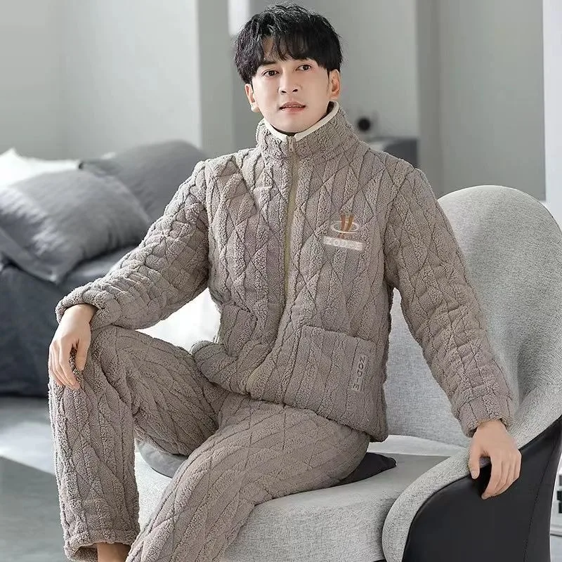 2023 New Pajamas Men's Winter Thick Three Layer Coral Velvet Loungewear Flannel Homewear Warm Cotton Stand Collar Sleepwear Set