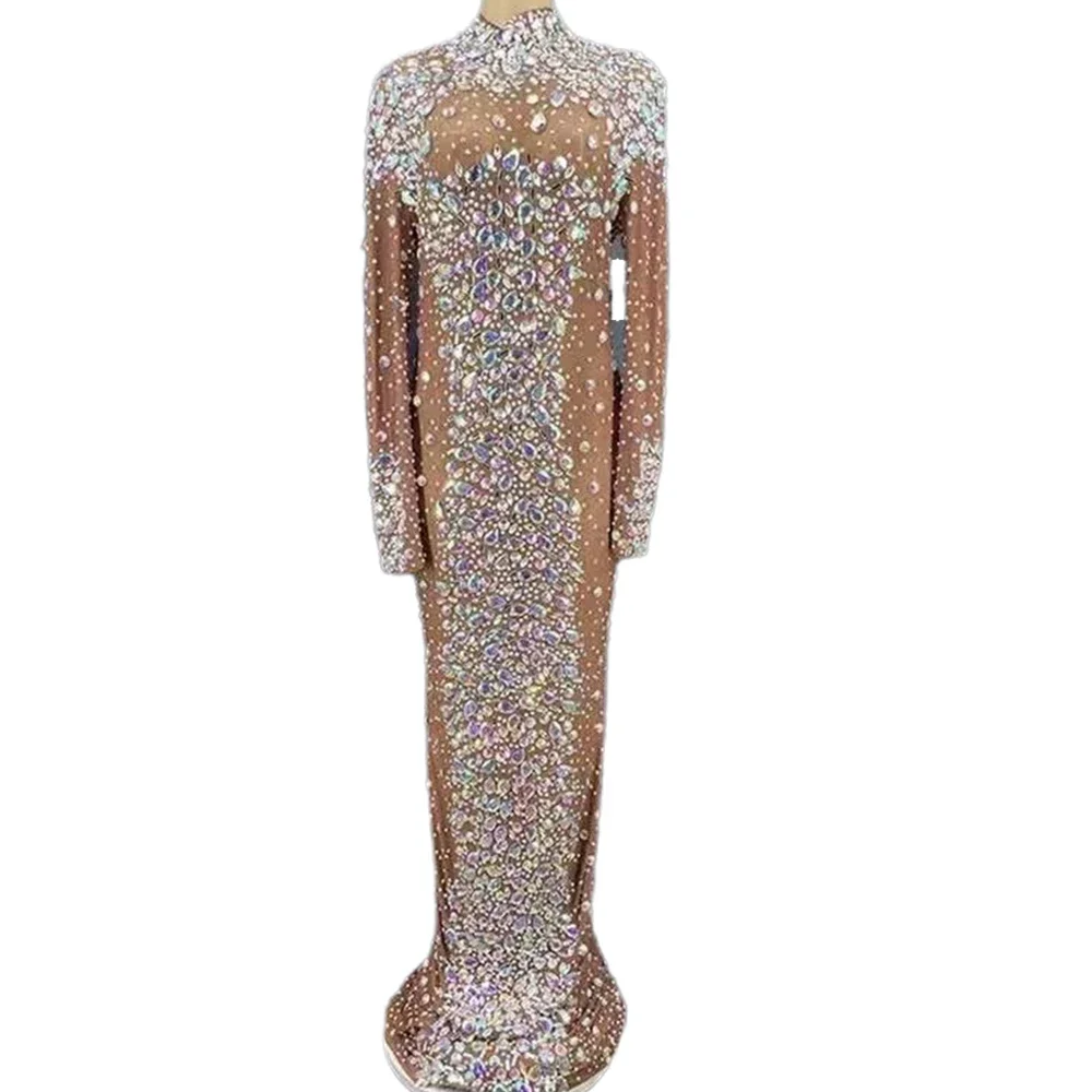 

Brown Shining Sparkly Crystal Rhinestones Sexy Women Long Split Dress Evening Banquet Clothing Festival Outfits Ballroom Wears