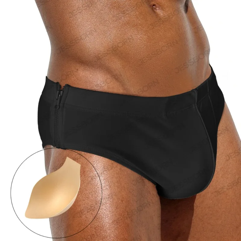 

Mens Swimming Trunks Double Sided Zipper Low Waisted Swim Briefs sexy gay bikini Solid Color Tight Fit Breathable beach shorts