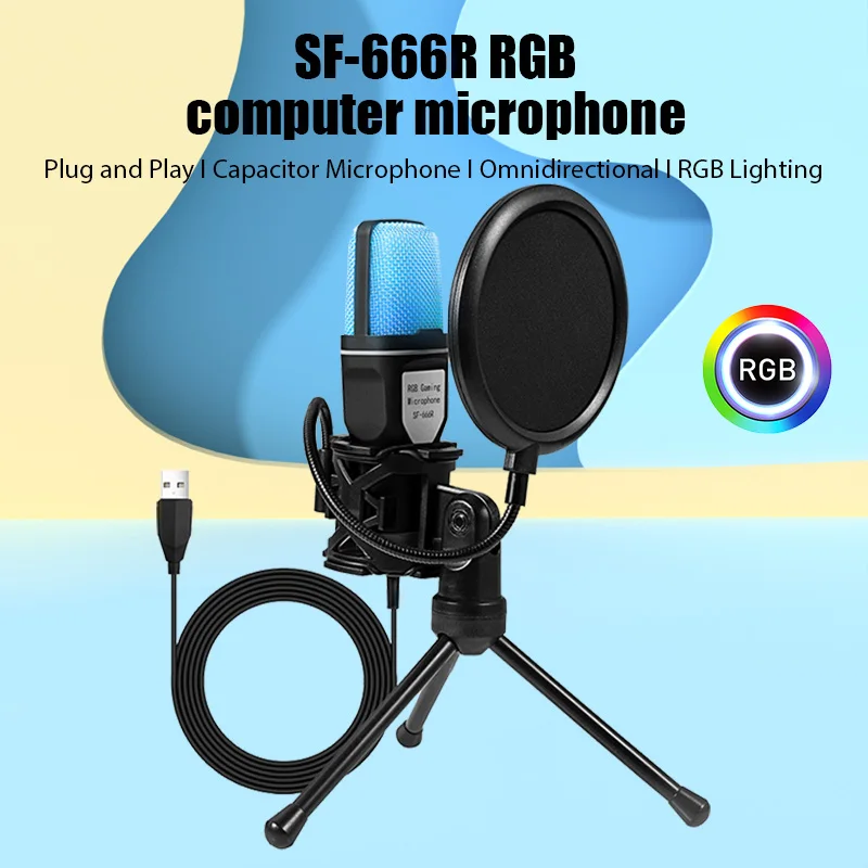 USB Microphone RGB Microfone Condensador Wire Gaming Mic for Podcast Recording Studio Streaming Laptop Desktop PC