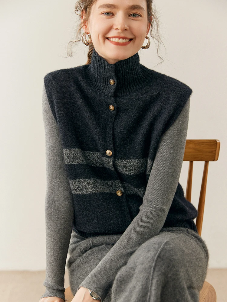 CHICUU ฤดูใบไม้ร่วงฤดูหนาวผู้หญิง 100%แคชเมียร์ถักเสื้อกั๊กคอเต่าลายวินเทจสไตล์แขนกุดเสื้อคาร์ดิแกนแคชเมียร์