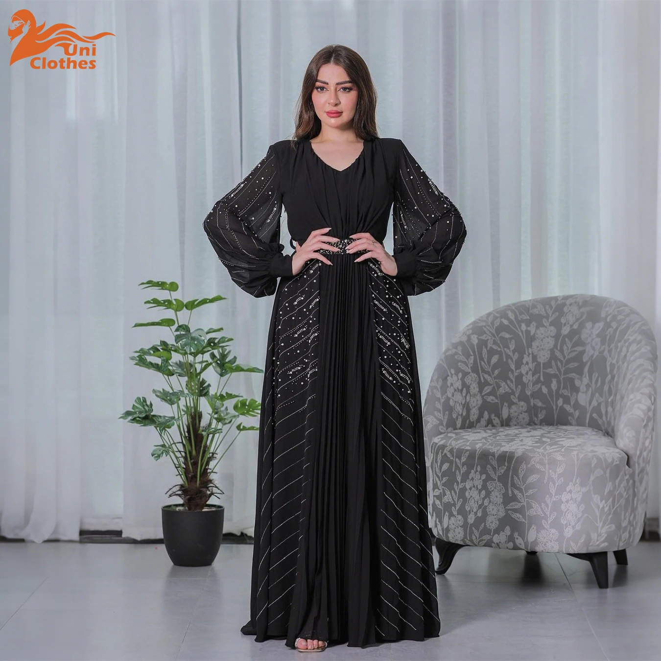 

UNI New Dubai Arab Middle East Party Attire Chiffon Fashionable Muslim Rhinestone Evening Dress