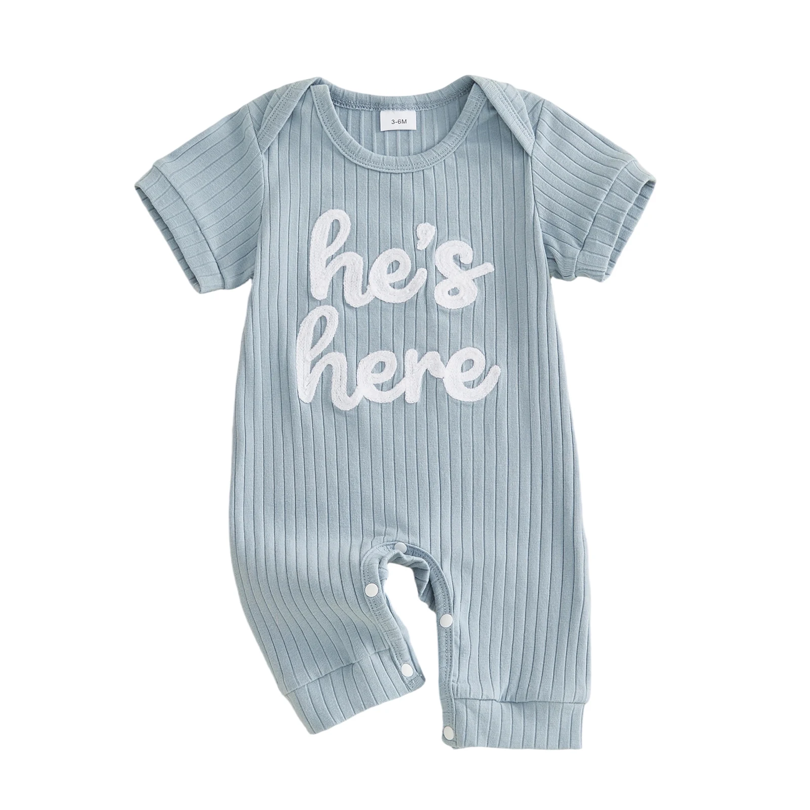 Baby Boy Summer Ribbed Jumpsuit Short Sleeve Round Neck Letter Print Casual Romper