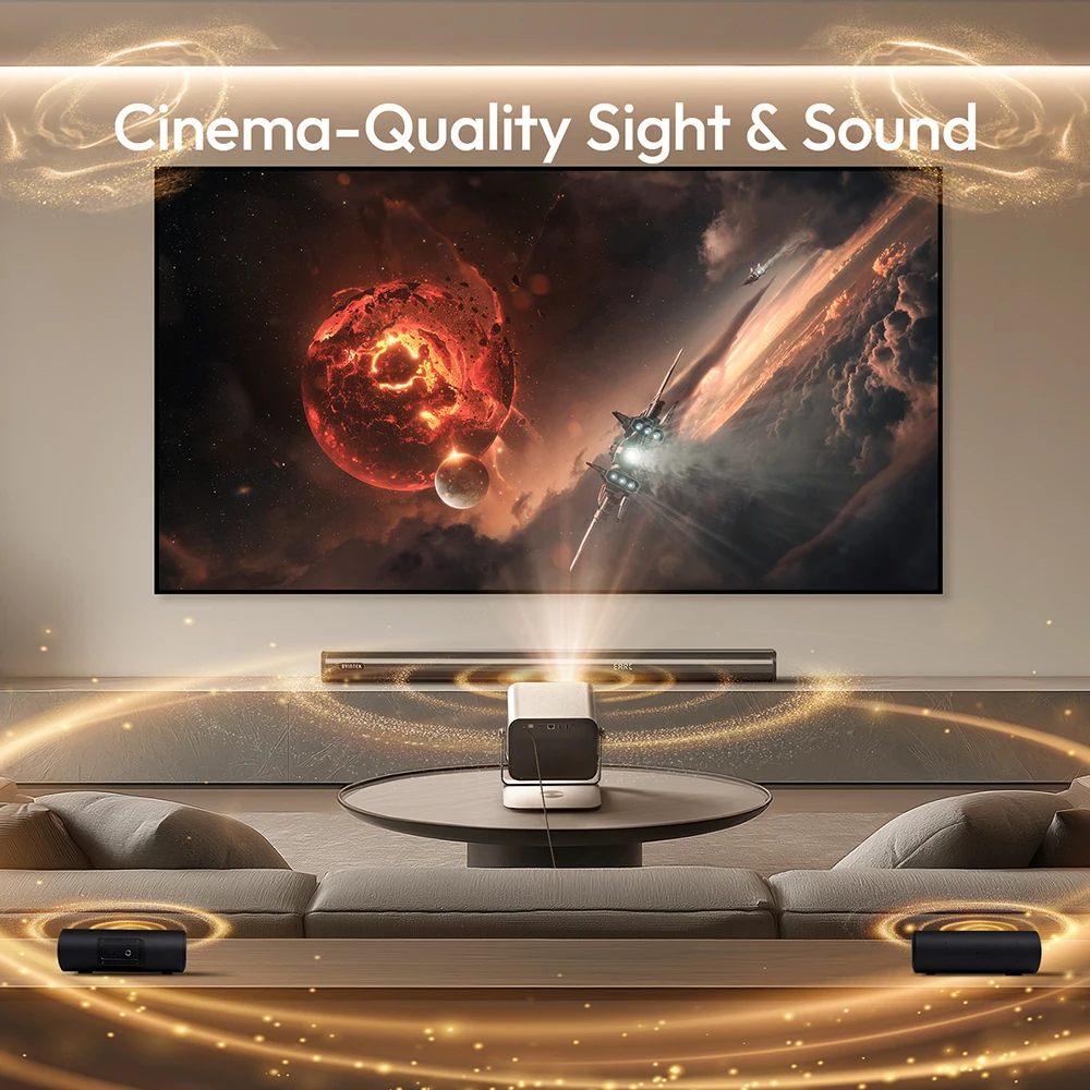 حزمة جهاز عرض المسرح المنزلي BYINTEK، جهاز عرض 2200 Ansi Lumens 4K 1080P مع 100 شاشة وفيلم ساوندو الخارجي