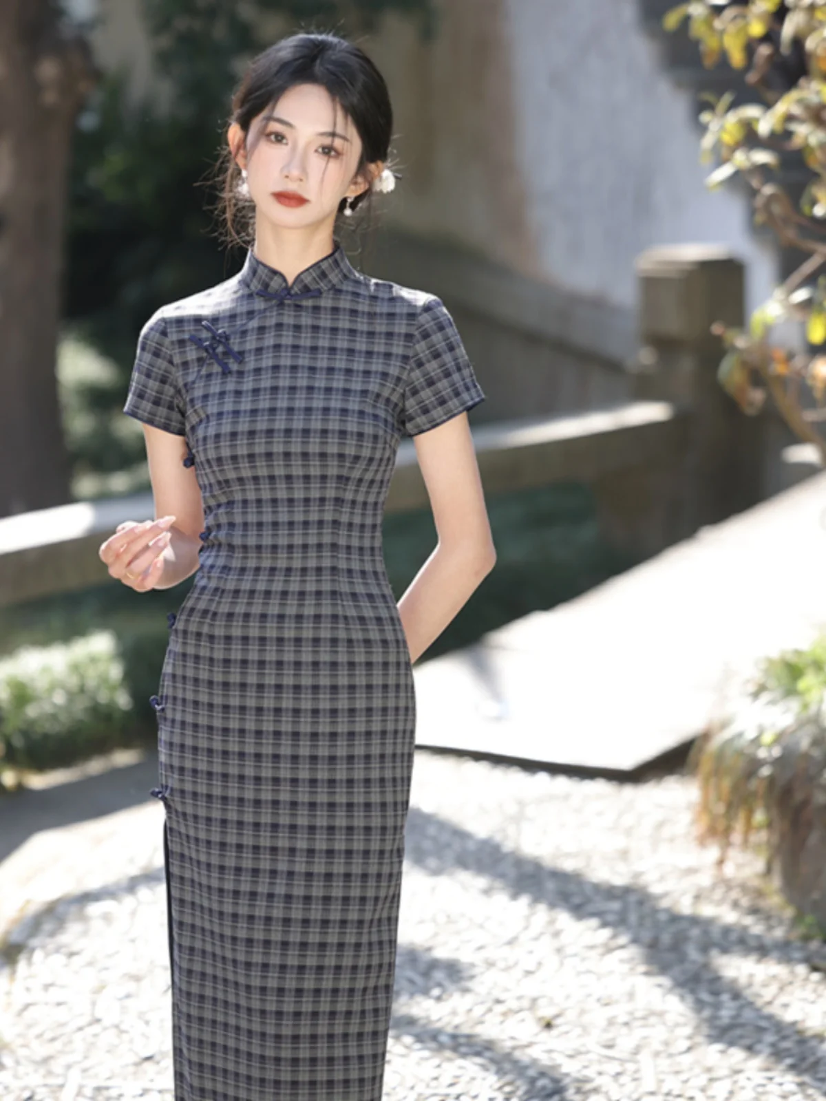 

Blue Vintage Sle Artistic Young Improved Long Qipao Dr Breathable Lightweight Polyester Fabric Low Slit Daily Wear Summer