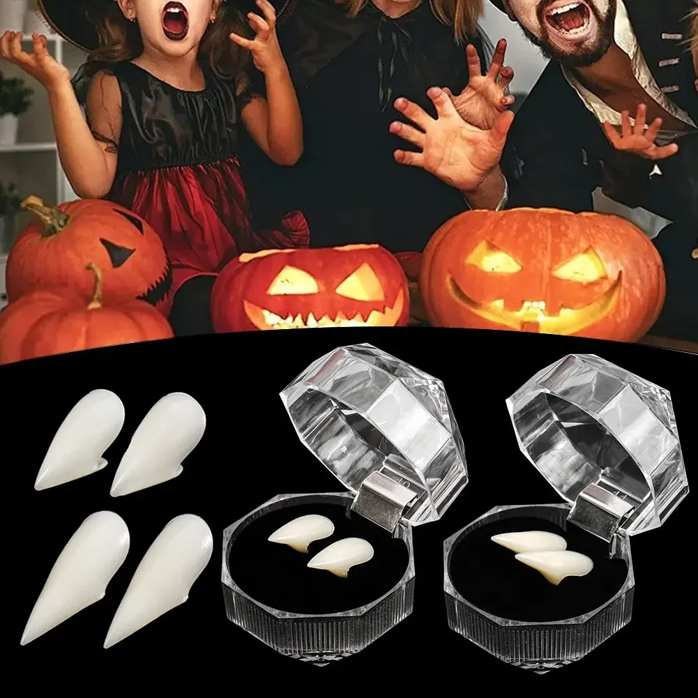 1 زوج هالوين مصاص دماء الأسنان الأنياب أطقم الأسنان الدعامة زي حفلة DIY بها بنفسك تأثيري الدعائم ديكور كاذبة الأسنان الراتنج الأنياب مع الغراء الصلب