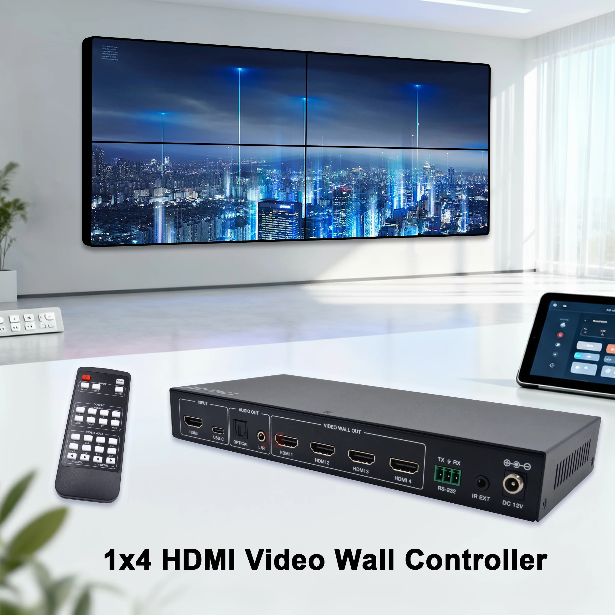 وحدة تحكم حائط فيديو HDMI 1X4 تدعم مدخل USB-C والصوت وRS232 تدعم الصوت البصري وإخراج إزالة تشكيل الصوت التناظري L/R