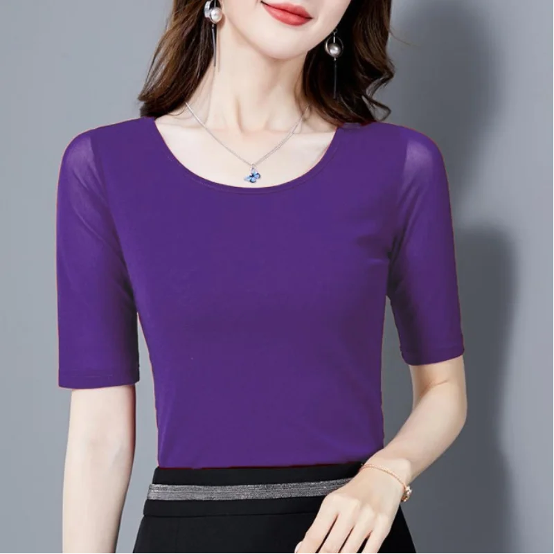 

Elegant Net Yarn Slim Bottoming Shirt Summer New O-Neck Solid Color Simplicity Thin Tops Tees Fashion Temperament Women Clothing