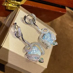 Bilincolor Fashion Elegant Silver Color Clear Zirconia Snake Twine Around Blue Stone Earring for Women