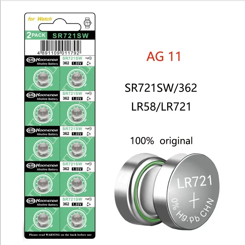 시계용 단추 리튬 배터리, 환경 보호, AG11 362, LR721, 362A, L721F, SR721SW, 1.55V, 10 개