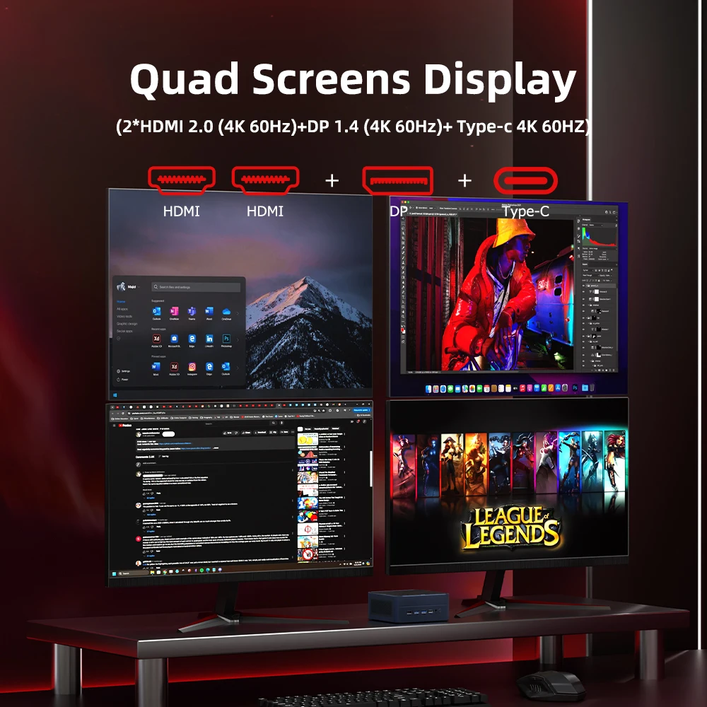 미니 PC AMD 라이젠 7 7735HS 7840HS 8745HS 2* DDR5 32GB NVMe 듀얼 LAN 2.5G 2* HDMI DP WiFi6 BT5.2 4K 4 디스플레이 AI PC 게이밍 썸네일 3