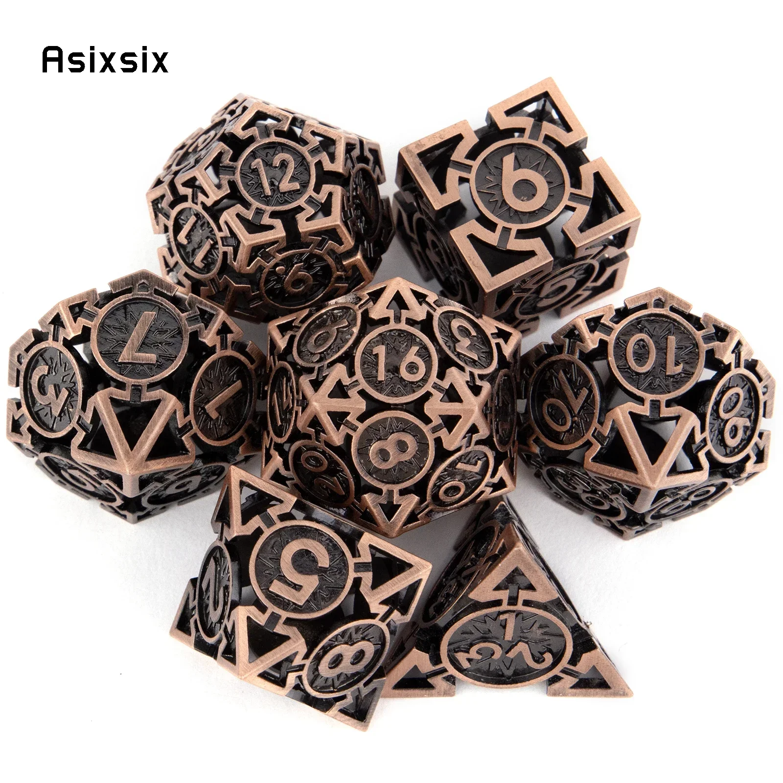 

7 Pcs Copper Metal Dice Circular Hollow Metal Polyhedral Dice Set Suitable for Role-Playing RPG Board Game Gift
