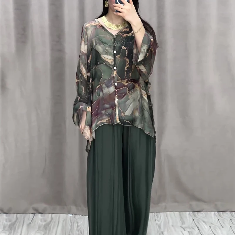 Retro Marble Print Loose Women Outfit Spring V Neck Button Blouse Shirt & Pleated Pants 2pcs Autumn Long Sleeve Female Suits Set