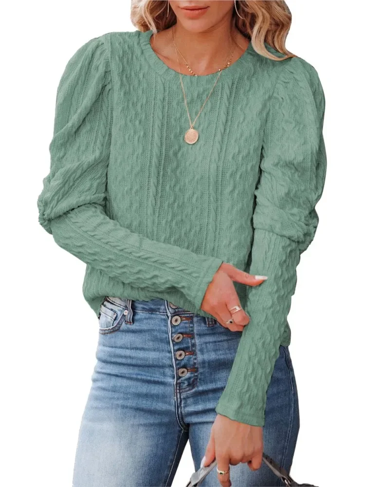 Autumn Winter New Women's Solid Color Jacquard Round Neck Sheepskin Sleeve Long Sleeve Casual Round Neck Knitted Sweater Top