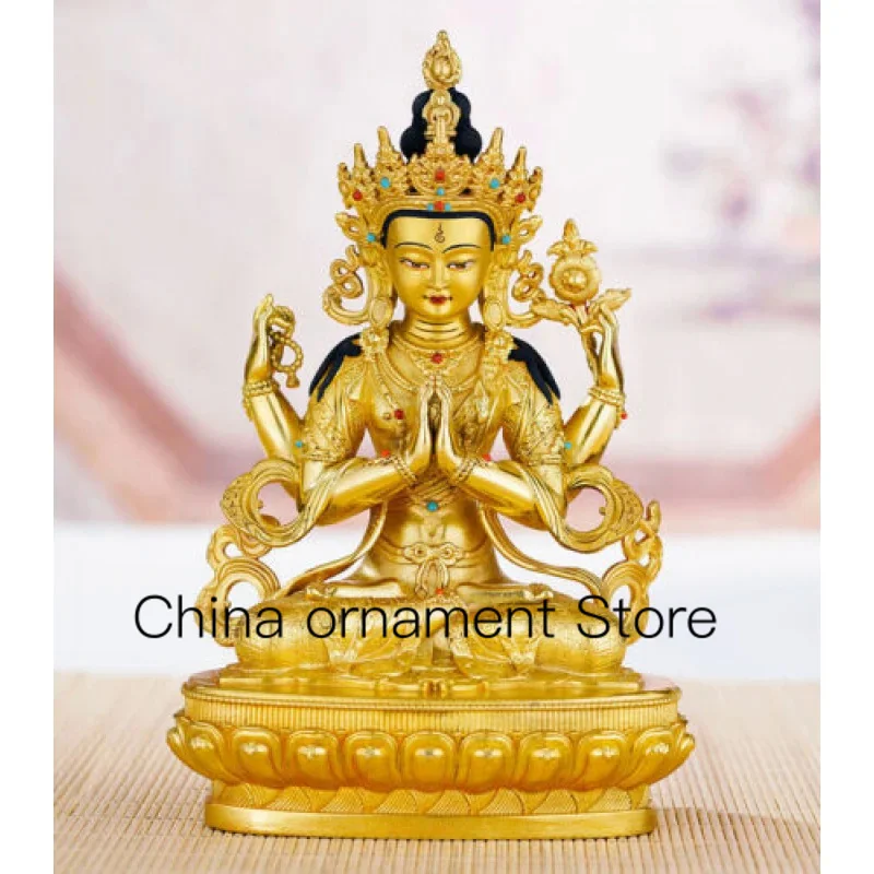 

old Handpainted bronze Buddha statue gilt Four-armed Guanyin Bodhisattva Tara