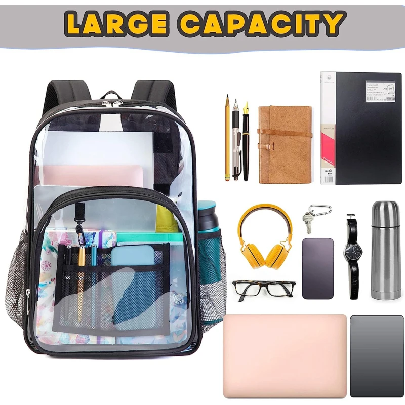 Mochila impermeável transparente de grande capacidade, bolsa de escola plástica para meninas, sólido claro, moda masculina