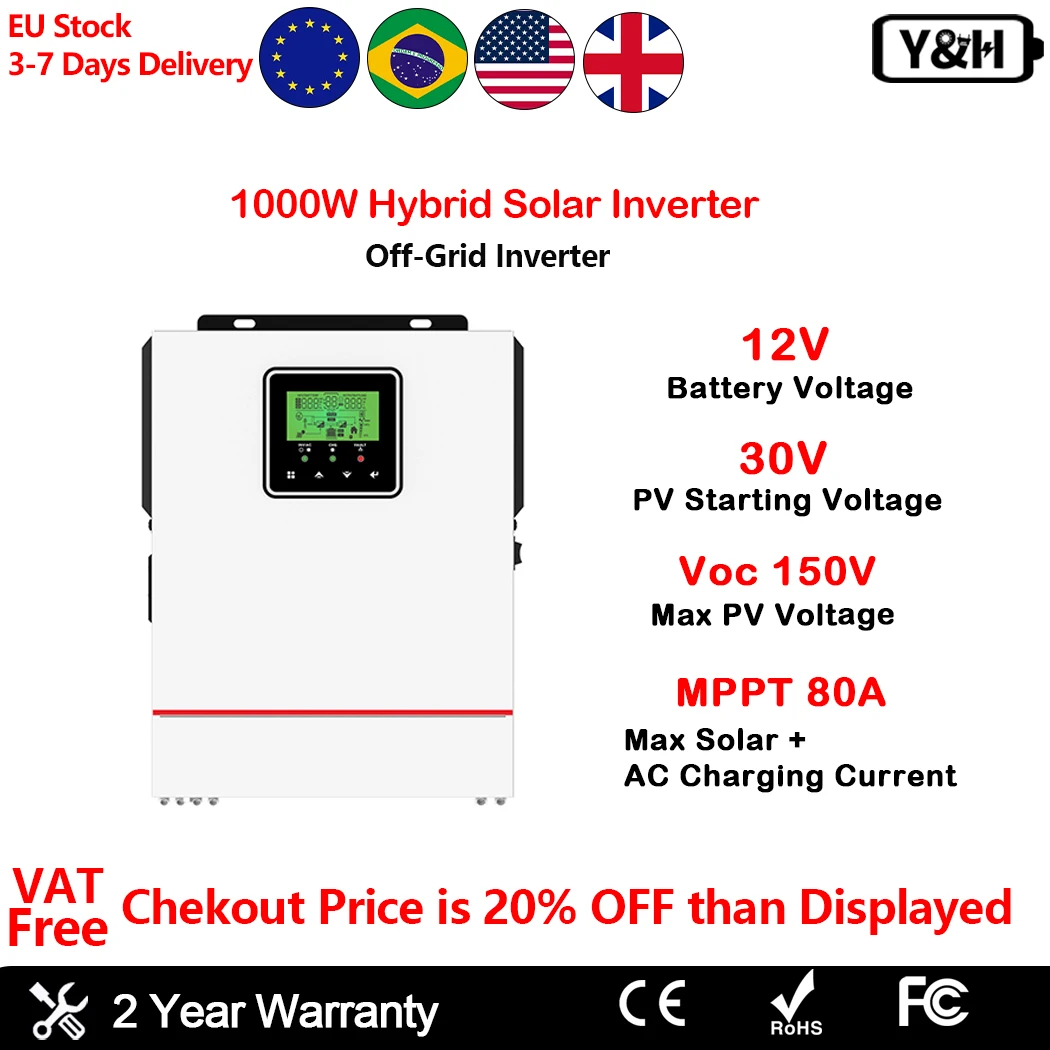 Y&H 1000W Solar Hybrid Inverter 12V AC230V Off-Grid Pure Sine Wave Inversor 80A MPPT Solar Charger,PV 150V In