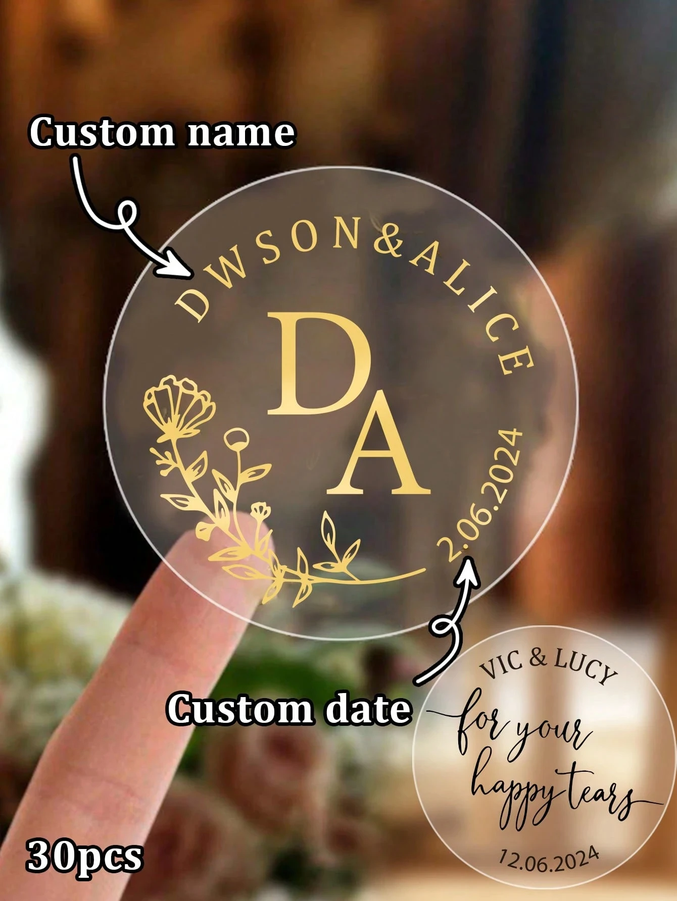 

30-240Pcs Custom Name/Date Stickers, Round Transparent Gold Foil, Personalized Wedding Labels, 4x4cm Self-Adhesive, Party Favors