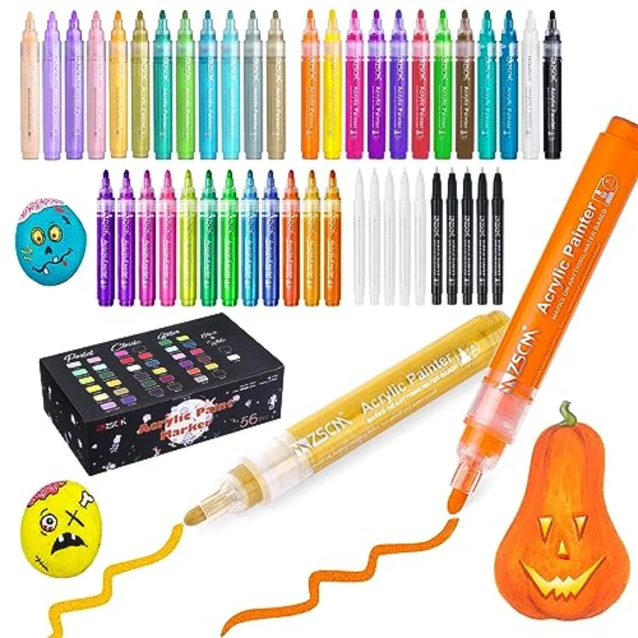 

Paint Pens Acrylic Markers ZSCM 56 Colors Paint Markers for Halloween Pumpkin Painting Metallic Art Marker for Adults Card Maki
