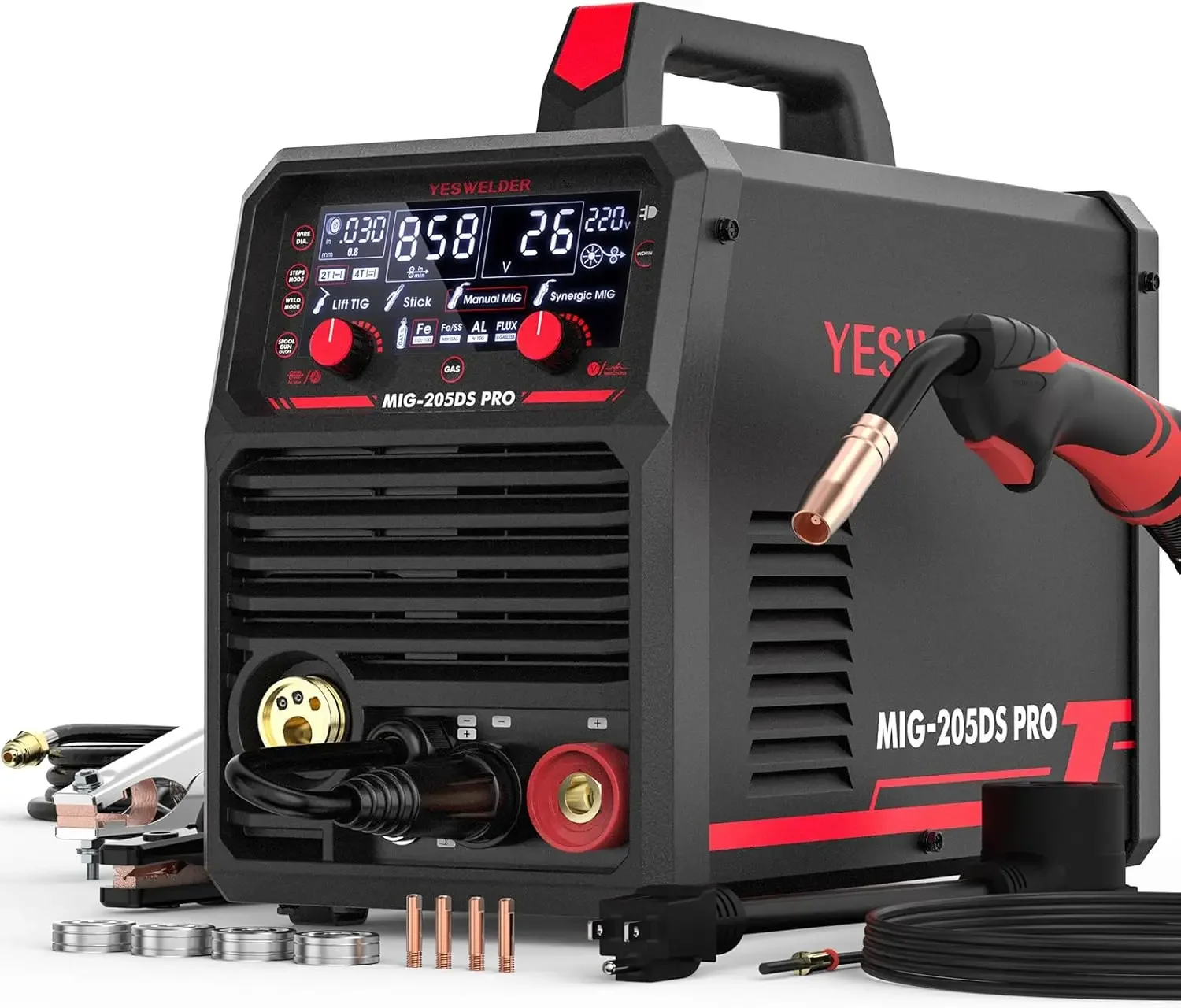 

MIG-205DS MIG Welder 200Amp 110/220V Dual Voltage MIG Welding Machine 5 in 1 Gas MIG/Flux Core MIG/Spool Gun MIG/Lift TIG