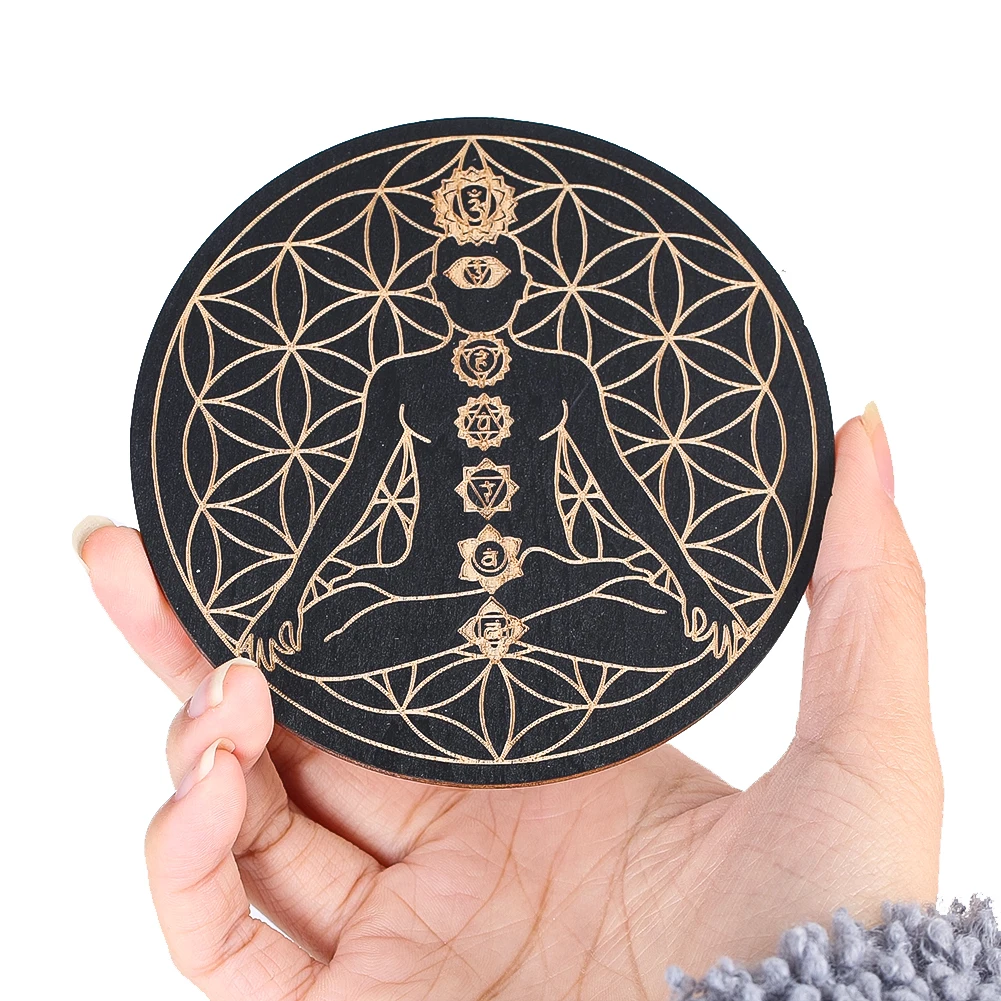 Black Wooden 7 Chakra Board Display Stand Crystal Grid Board Tray Plate Wooden Crafts Meditation Yoga Sacred Art Wall Decor