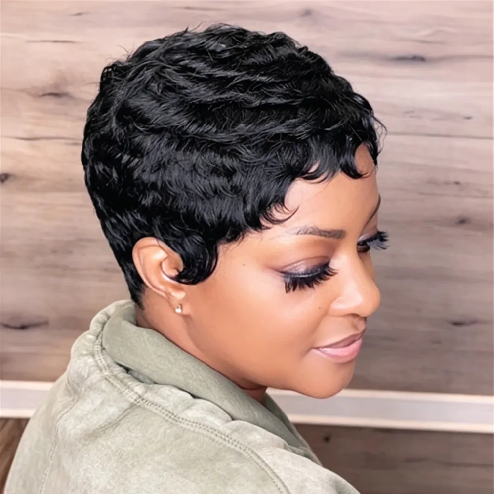 

black pixie cut human hair wig pixie wig 4inch short straight layered 150% density human hair wig machine made