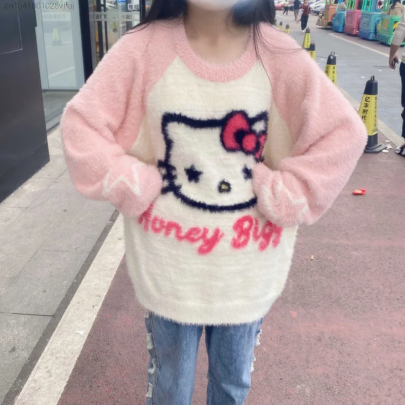 Sanrio Hello Kitty Kawaii Anime Sweater Lolita 2000s Girls Winter Cute Cartoon Korean Style Knitted Top Youthful Woman Clothes