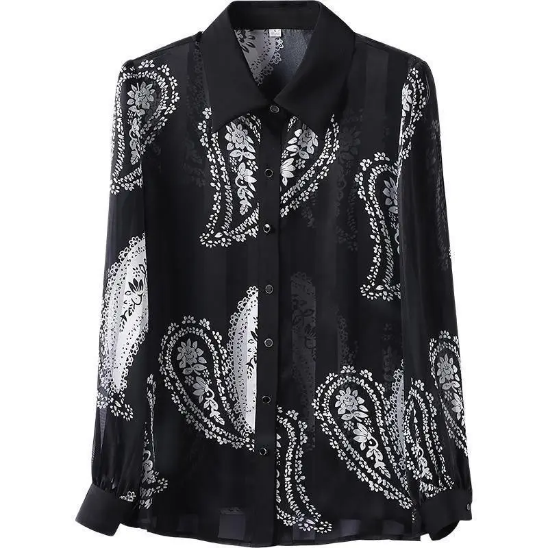 Vintage Striped Paisley Printed Blouse 2023 Spring Casual Long Sleeve Women\'s Clothing Commute Polo-Neck Single-breasted Shirt